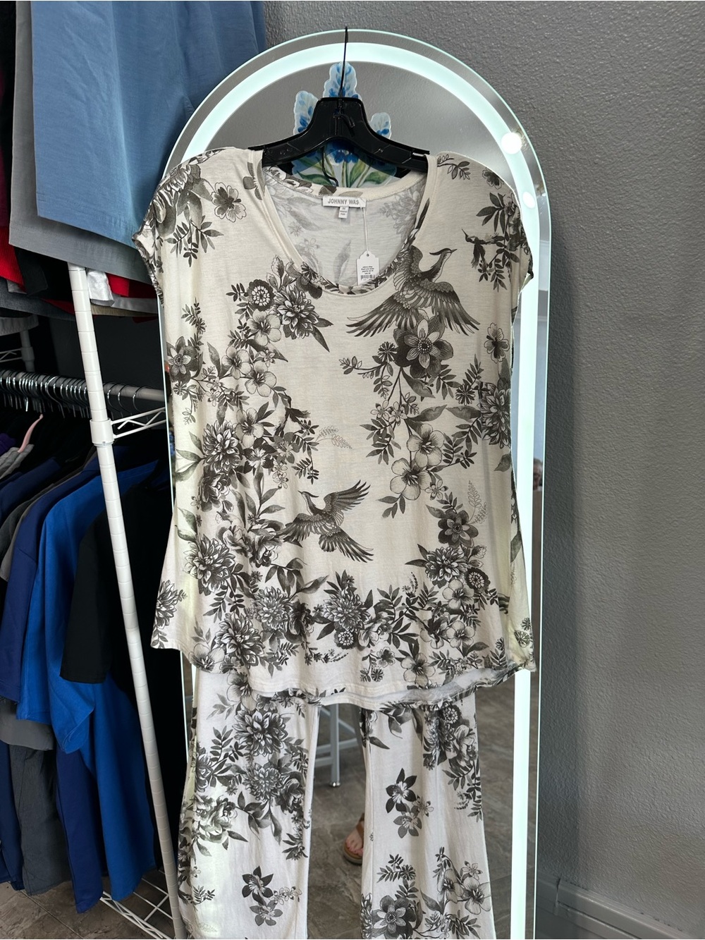 Johnny Was Cream and Black Floral Bird Pajama Set